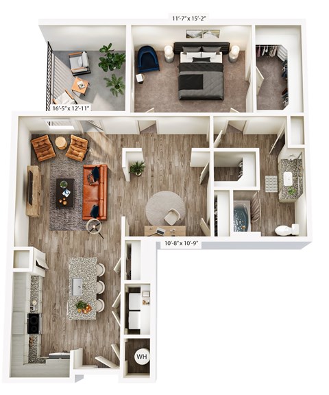 A floor plan of a two bedroom apartment with a living room, kitchen, and bathroom.